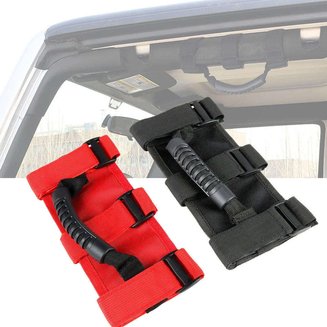 Red and black roll bar grab handles installed on a vehicle's roof rack.