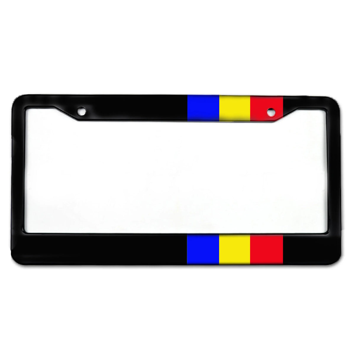 Black aluminum license plate frame with blue and yellow stripes for US cars