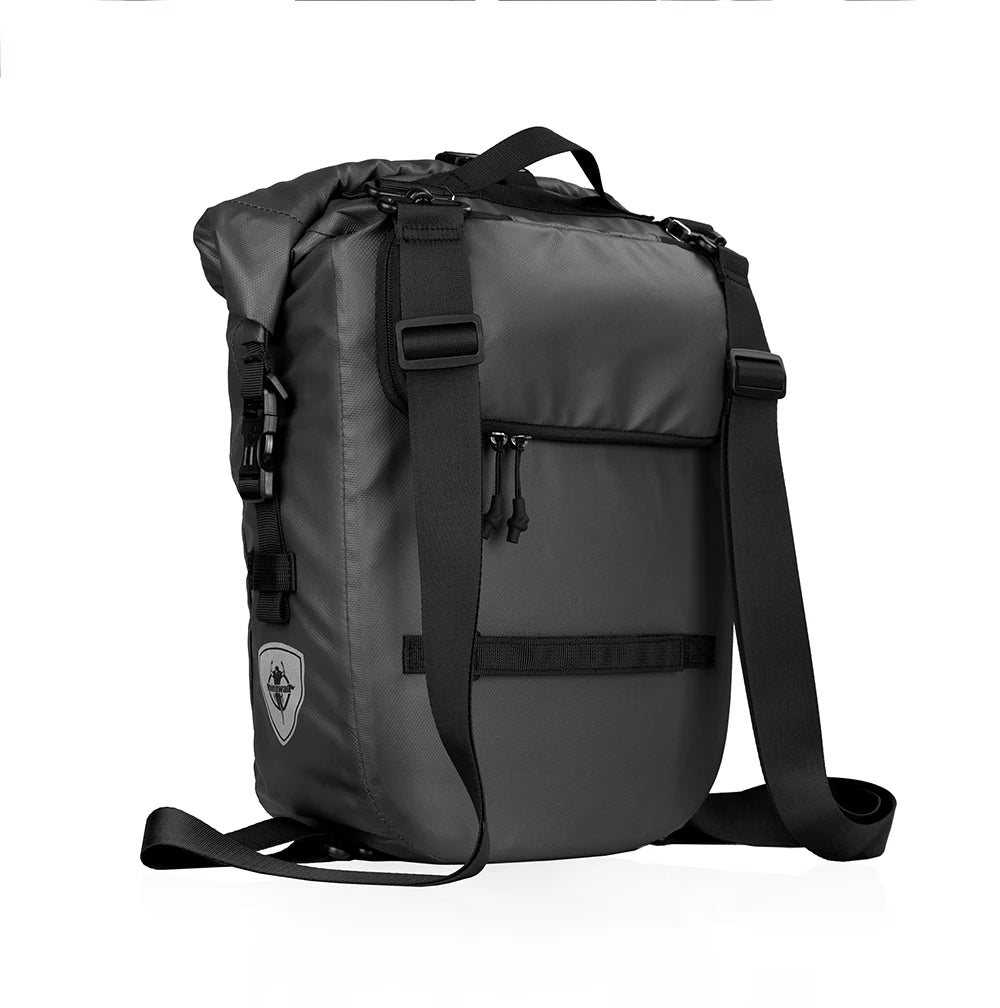 A black foldable waterproof bike pannier bag with shoulder straps.