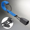 Blue anti-theft lock strap with a black connector and key fob for car steering wheels