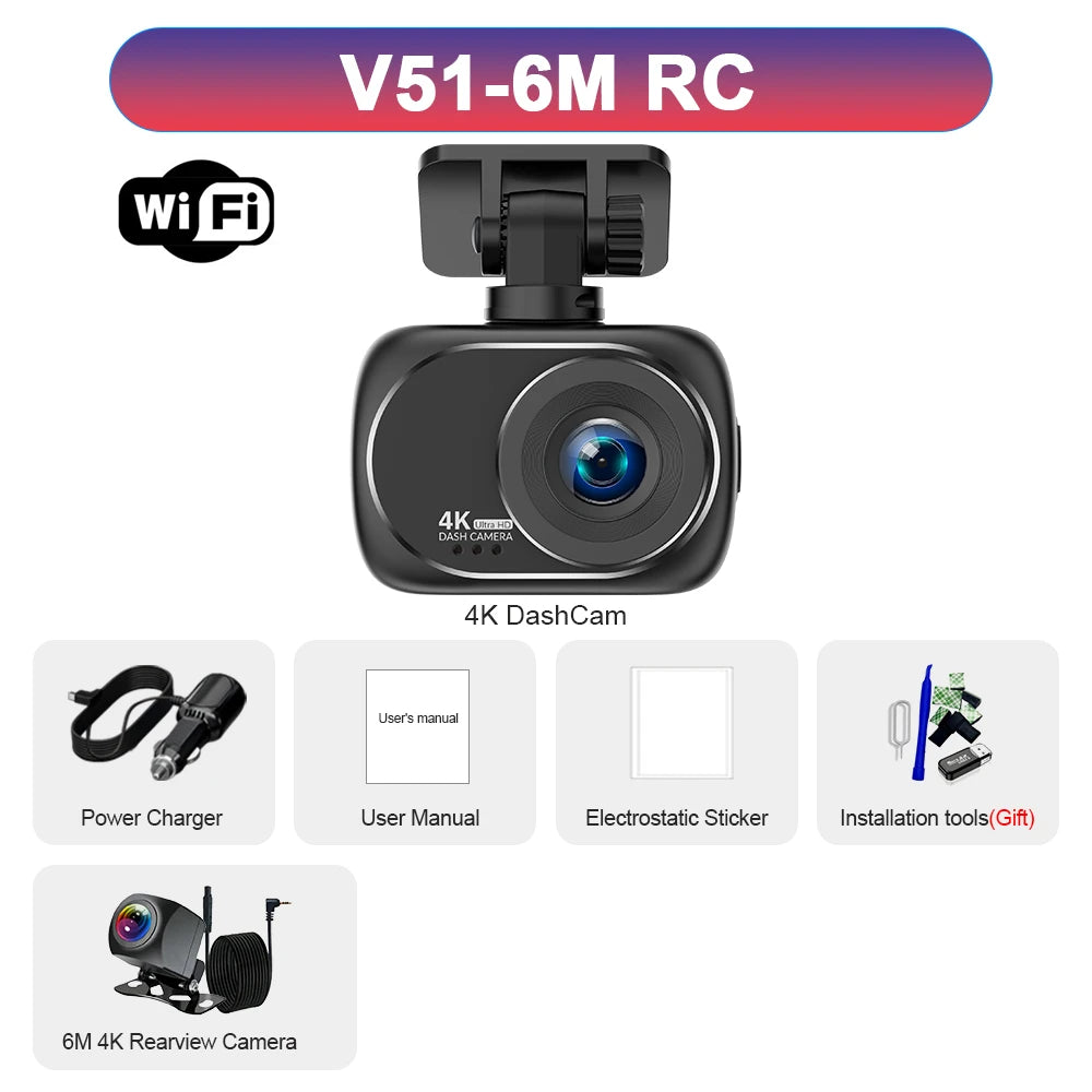 A black 4K DashCam camera with a lens and mounting bracket is shown alongside accessories like a power charger, manual, stick