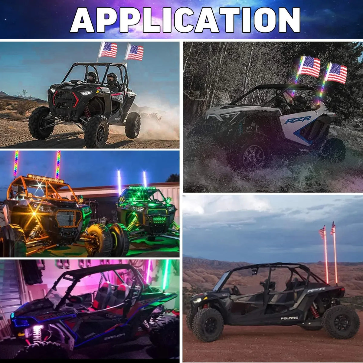 Various off-road vehicles equipped with RGB chasing lights and custom modifications.