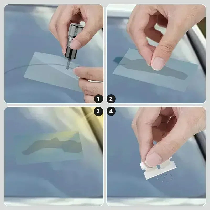Four steps showing how to use a Car Windshield Crack Repair Kit to fix a crack on a windshield.
