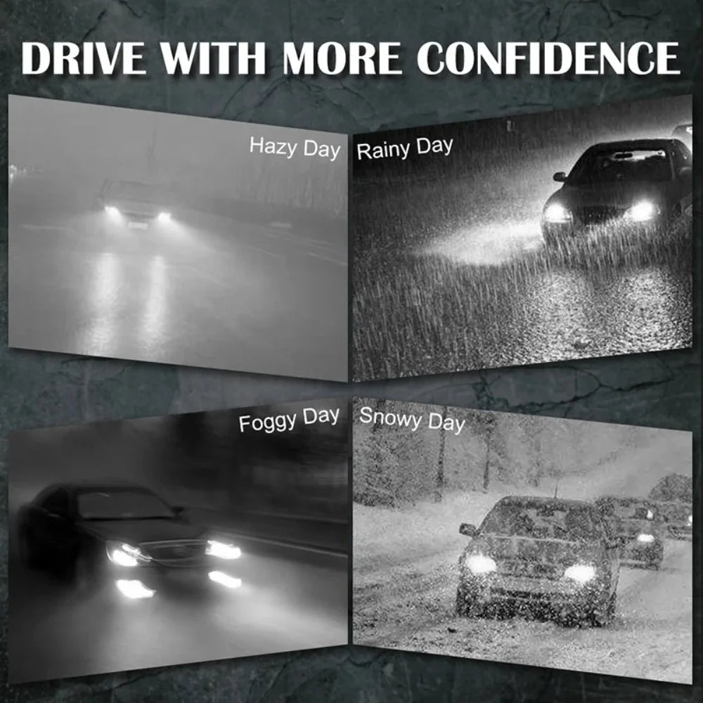 A set of super bright LED headlight bulbs with cooling fans demonstrating improved driving confidence in various weather cond