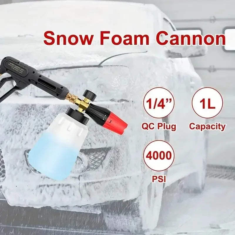 A heavy duty snow foam cannon with a 1/4" QC plug and 1L capacity is shown spraying snow foam on a vehicle.