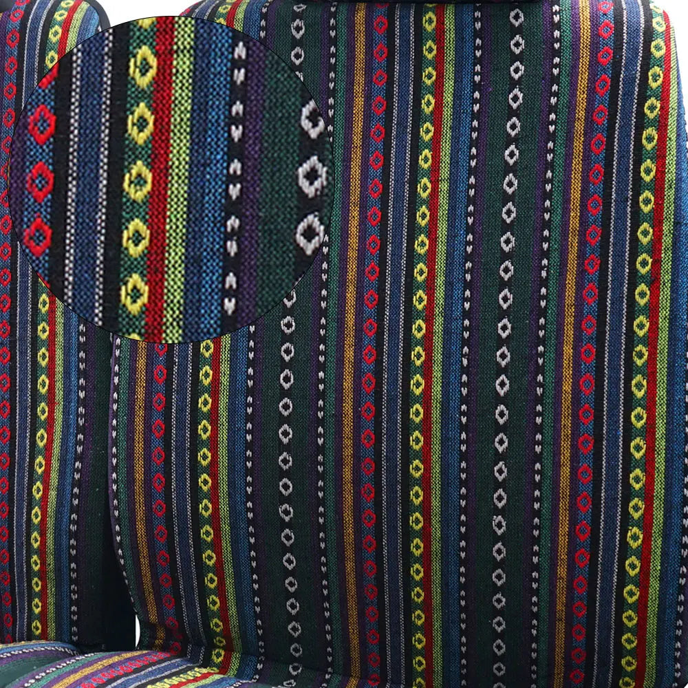 Striped universal seat cover set featuring multicolored vertical stripes on a fabric surface.