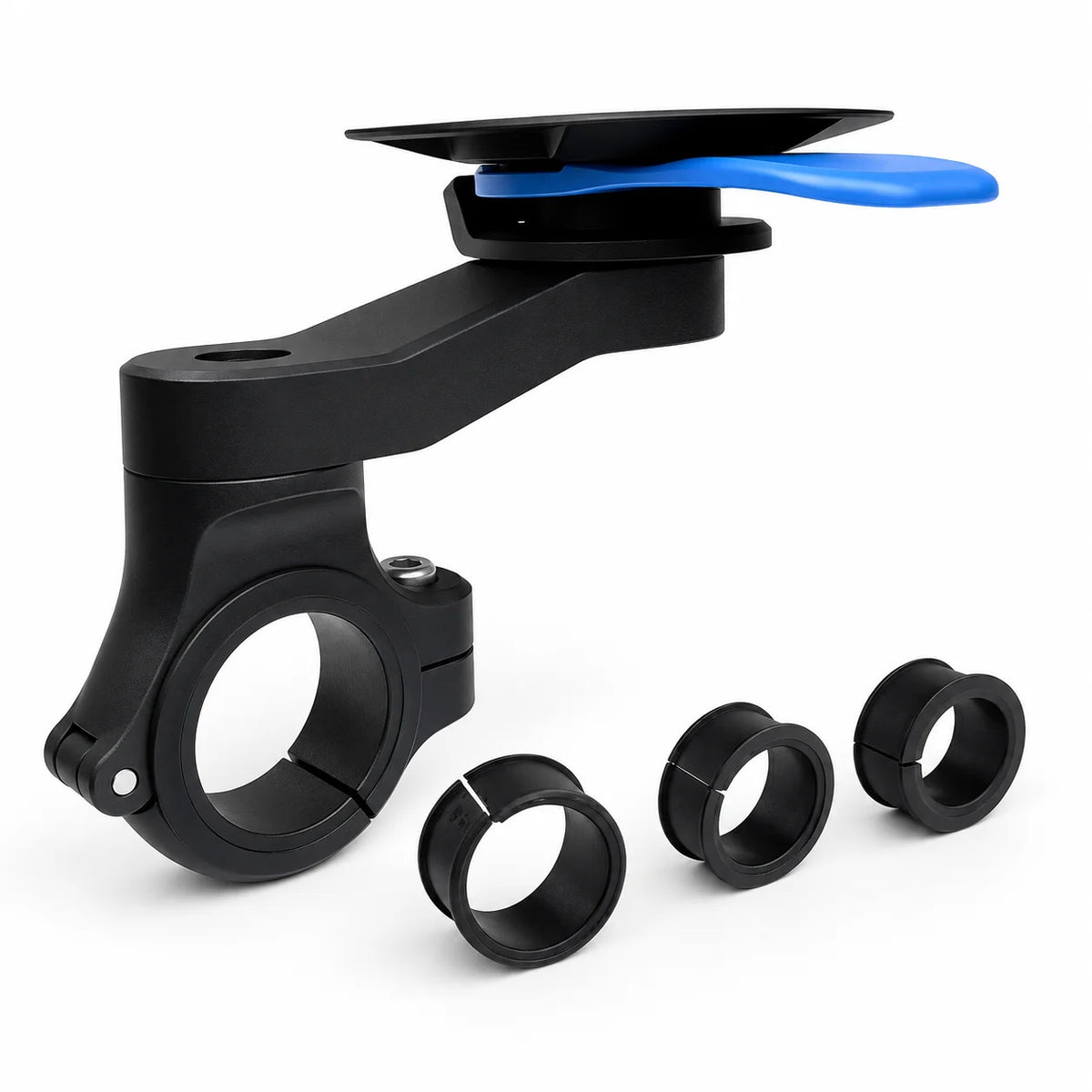 Black universal CNC motorcycle phone mount with a blue flexible arm and mounting rings