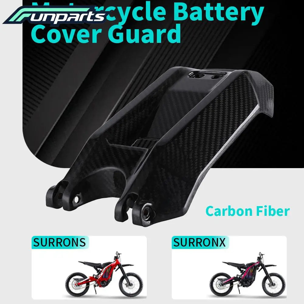 Protector de cubierta de batería de fibra de carbono para bicicleta, mostrado con motocicletas Surrons y Surronx.