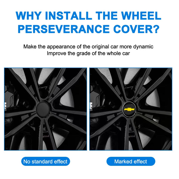 Close-up view of a black car wheel hub center cap showing a marked effect compared to a standard look.
