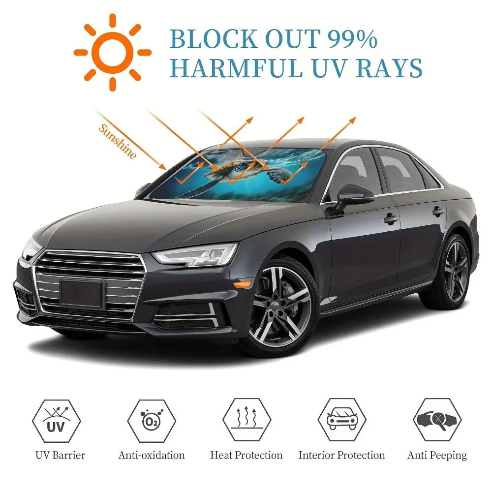A black sedan with a tinted windshield sun shade demonstrating 99% block of harmful UV rays and heat protection.