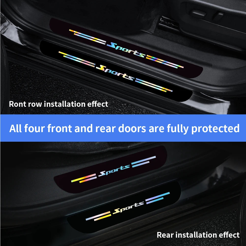 Demonstration of Sport vinyl decals installed on car door sills showing row and rear installation effects.