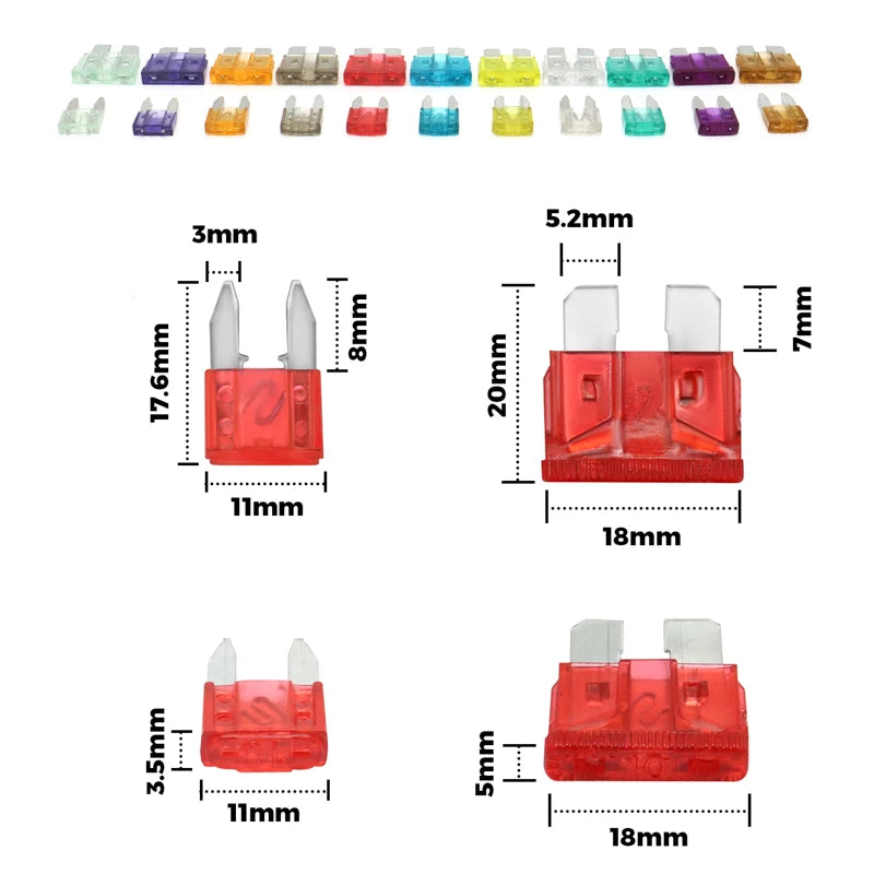 Assortment kit of automotive micro fuses in various colors and sizes displayed with dimension lines.