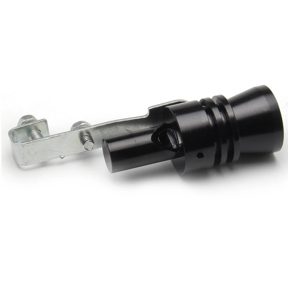 A black universal car turbo sound whistle with a silver mounting bracket.