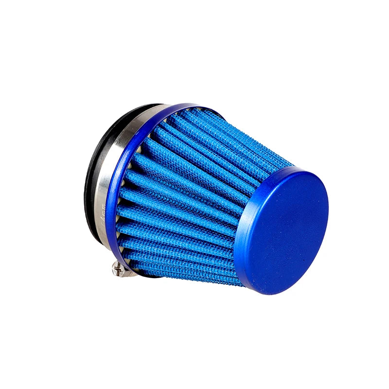 Kit d'admission universel pour filtre à air de moto bleu et argenté avec élément filtrant plissé.