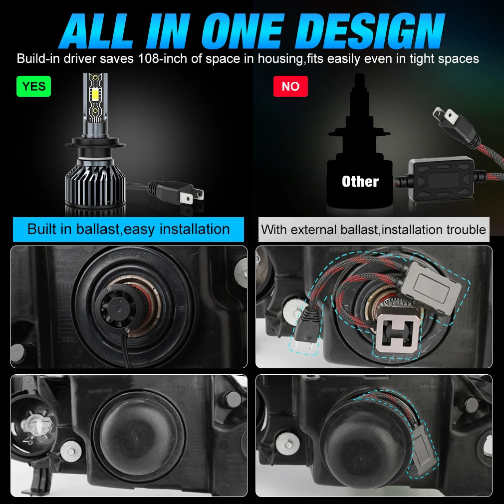 A set of universal LED car headlight bulbs shown in various installation contexts.