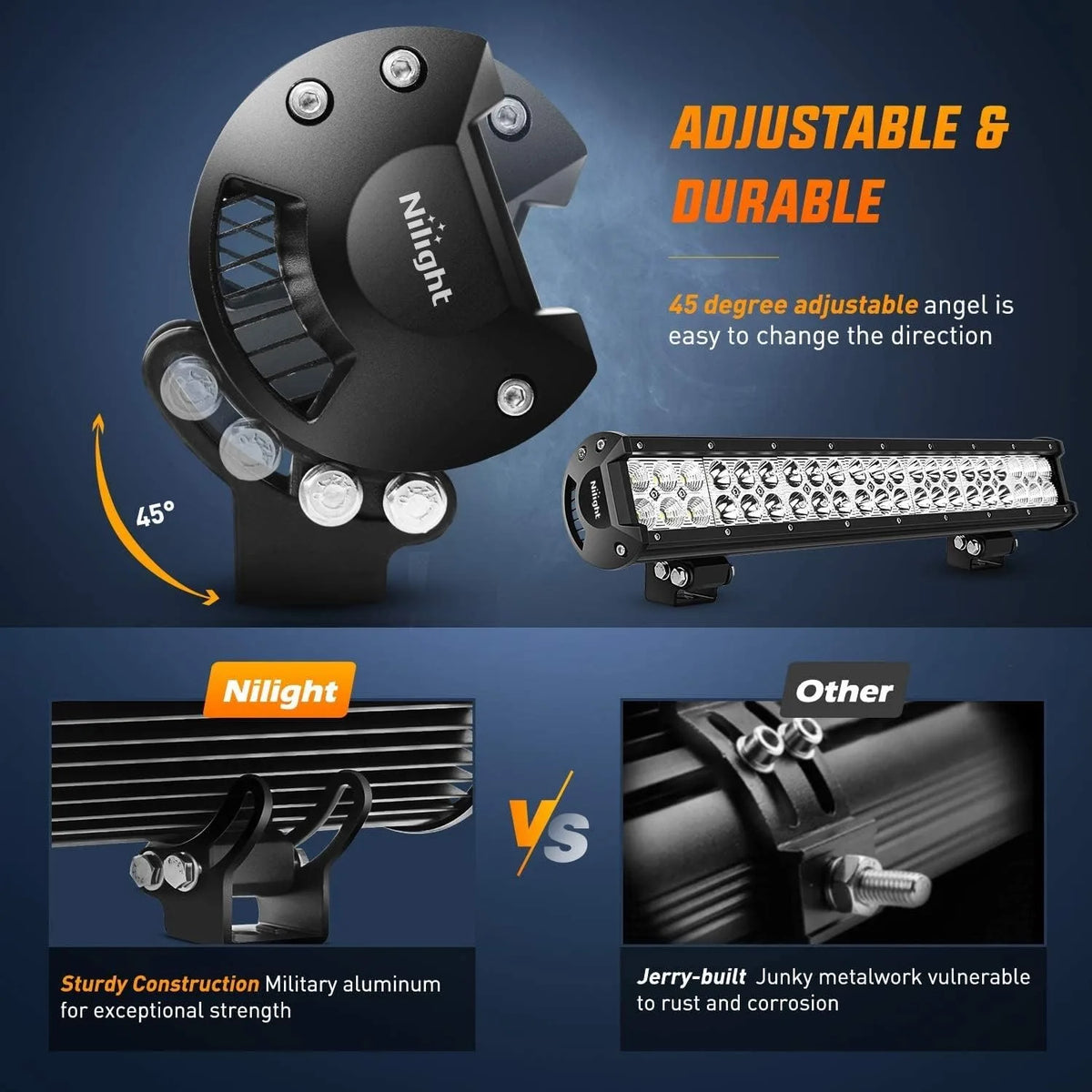 Adjustable and durable Night light bar mount for off-road vehicles featuring a 45 degree adjustable angle.
