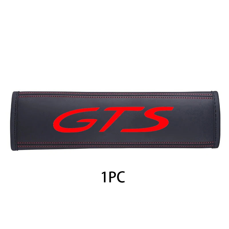 Black genuine leather seat belt protector cover with red GTS logo
