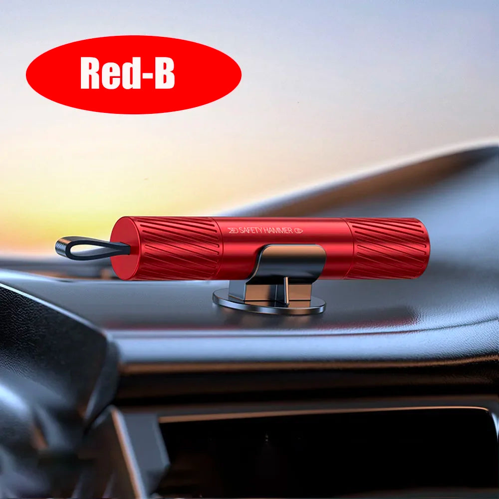 A red magnetic safety hammer tool is shown resting on a car surface.