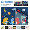 Colorful magnetic car window shades featuring dinosaur and animal designs with built-in mosquito netting