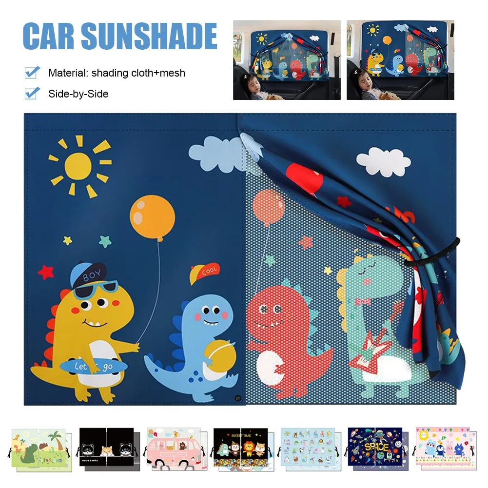 Colorful magnetic car window shades featuring dinosaur and animal designs with built-in mosquito netting
