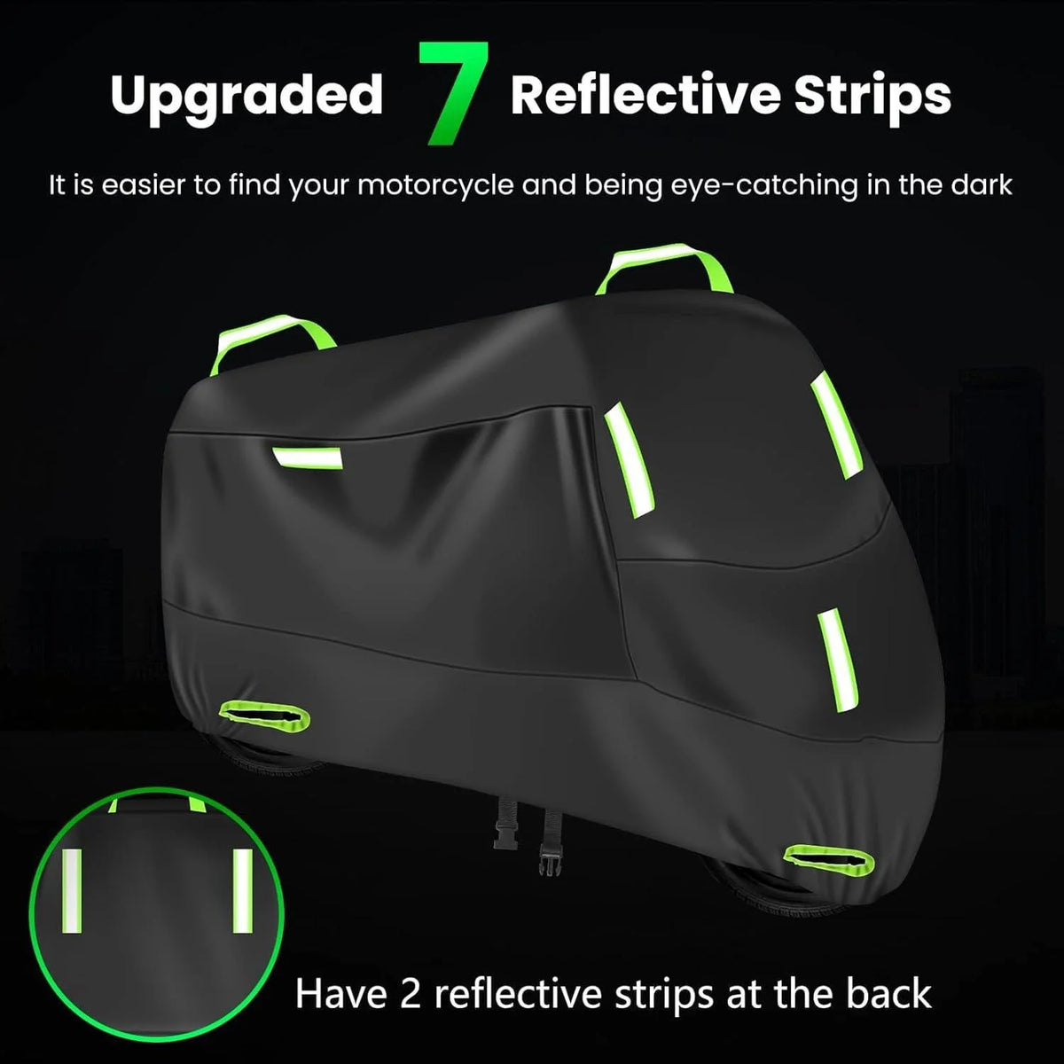 Black motorbike UV protection cover with seven reflective strips visible on the surface.