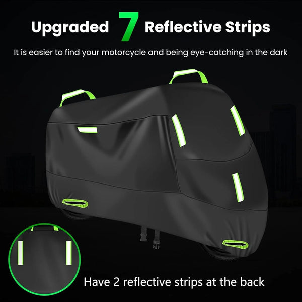 Black motorbike UV protection cover with seven reflective strips visible on the surface.