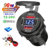 A black multi-port QC3.0 fast charger adapter with a DC output of 12-24V and a 96W rating.