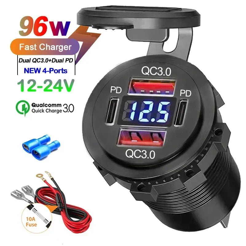 A black multi-port QC3.0 fast charger adapter with a DC output of 12-24V and a 96W rating.