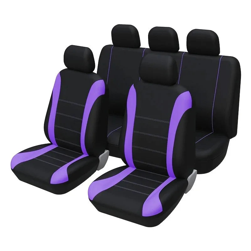 A row of black seat covers with purple accents, showing a universal fit seat and cushion cover.