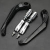 A set of motorcycle lever and handguard protectors made of carbon fiber with chrome fittings.