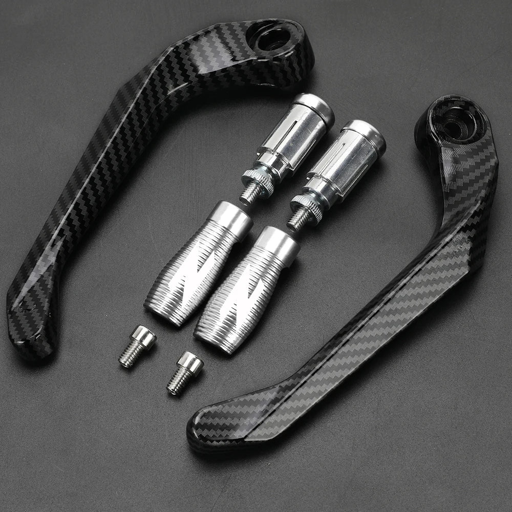 A set of motorcycle lever and handguard protectors made of carbon fiber with chrome fittings.