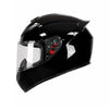 A glossy black universal motorcycle helmet with a clear visor and red accents.