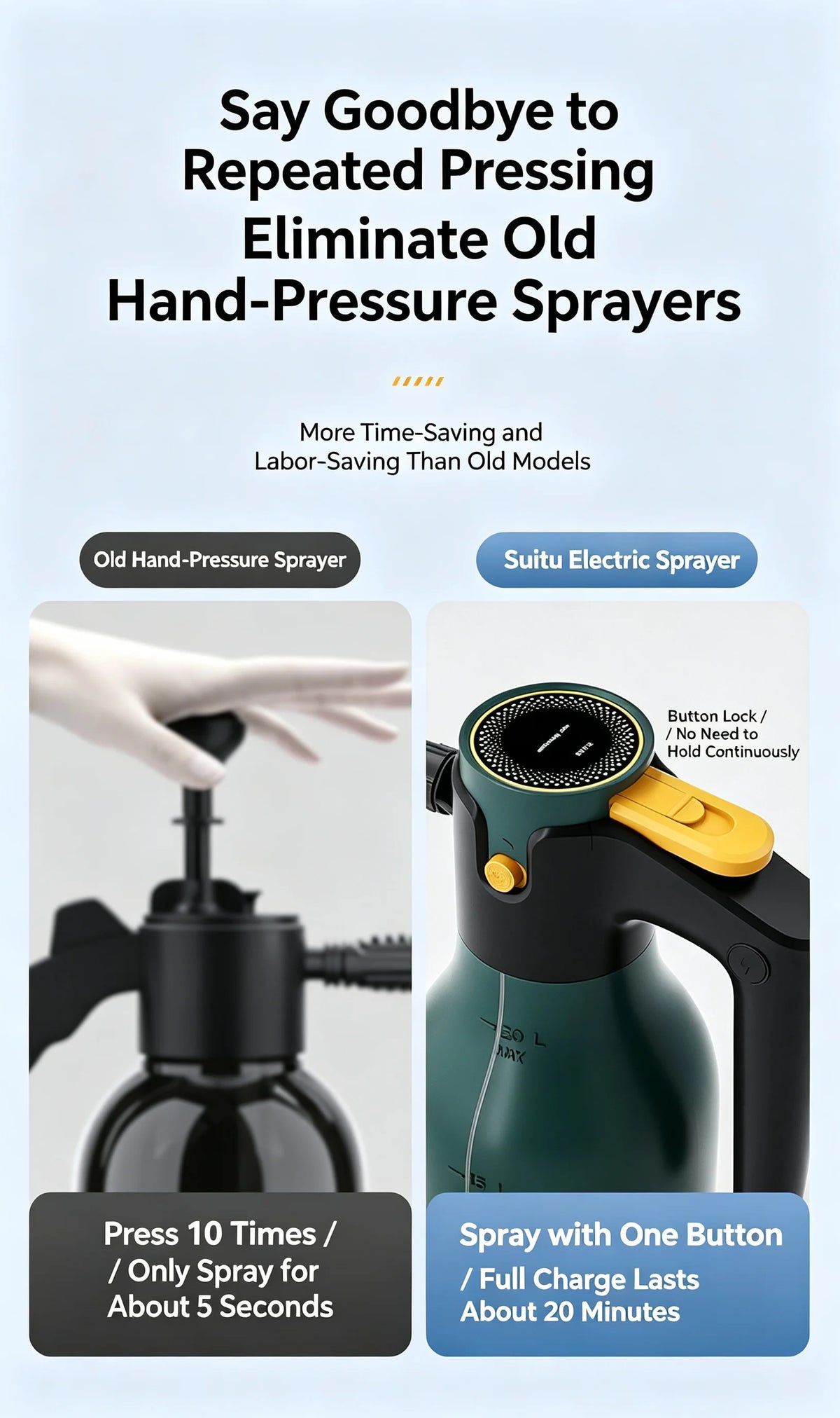 A green electric spray bottle with a yellow trigger and black body is shown next to an old hand-pressure sprayer.