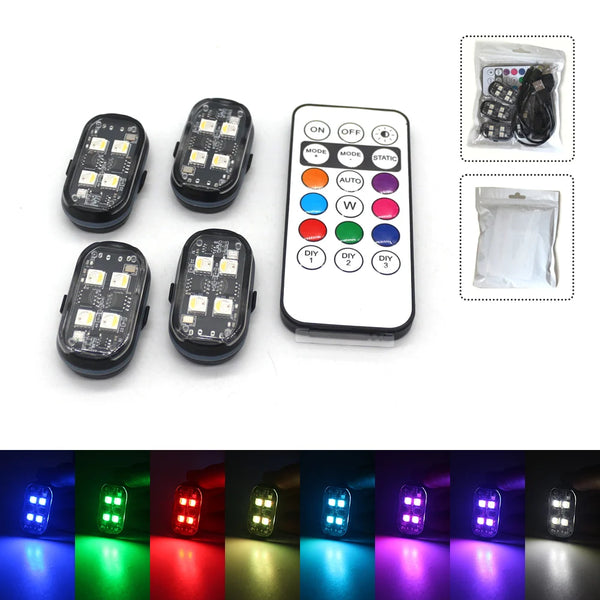 A set of multi-color car ambient interior lights and a remote control with various color options.