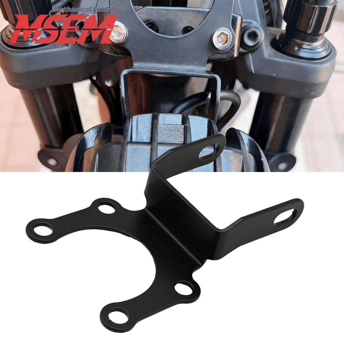 Black motorcycle ebike headlight mounting bracket for securing lights.
