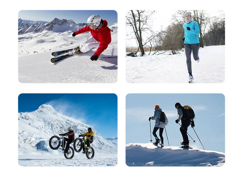 Four images showing people engaging in winter sports like skiing, hiking, and snowboarding.