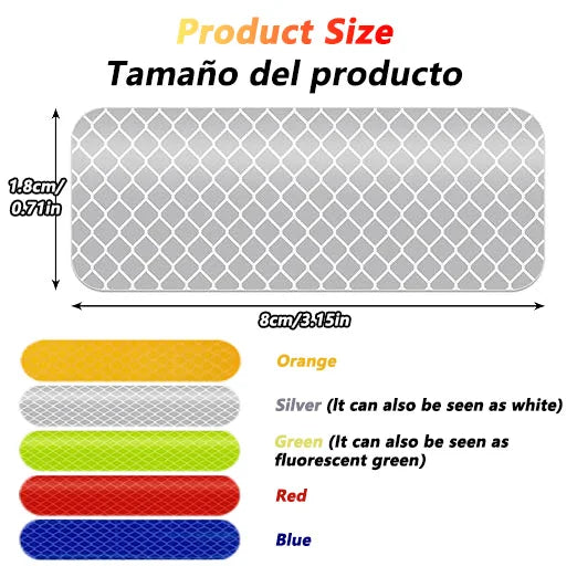 A display showing various colored reflective safety stickers or tape samples laid out in a grid pattern.