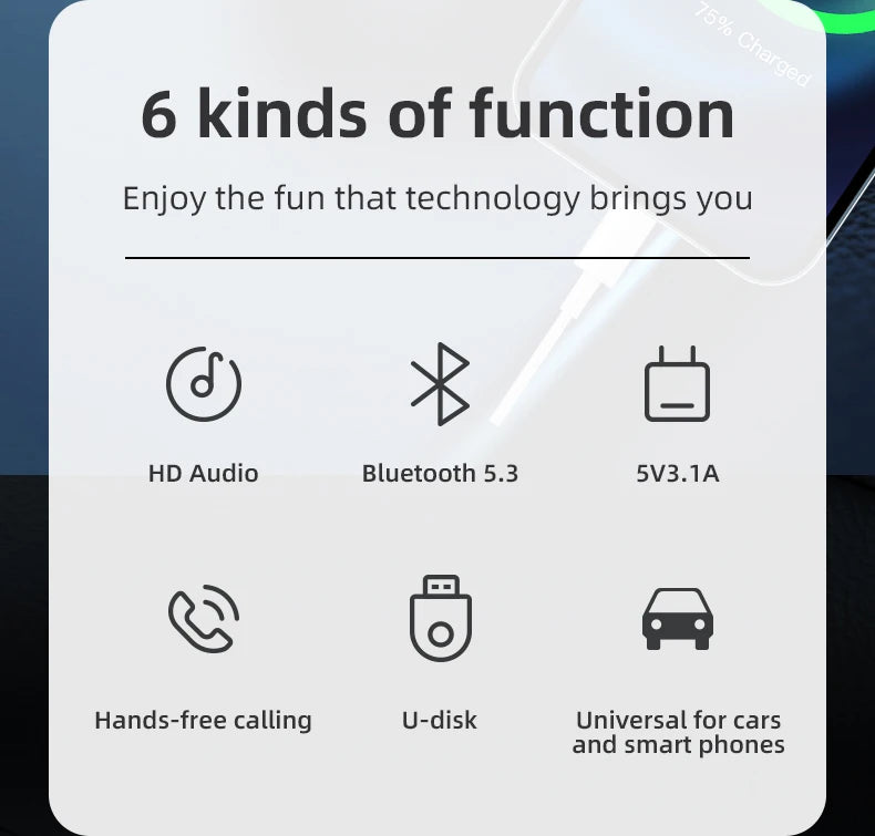 Weißes Produktdisplay mit sechs Funktionen eines Auto-Bluetooth-FM-Transmitters: HD-Audio, Bluetooth 5.3, 5V3.1A.