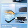 A white car windshield sun shade umbrella with a foldable design shown next to a car.