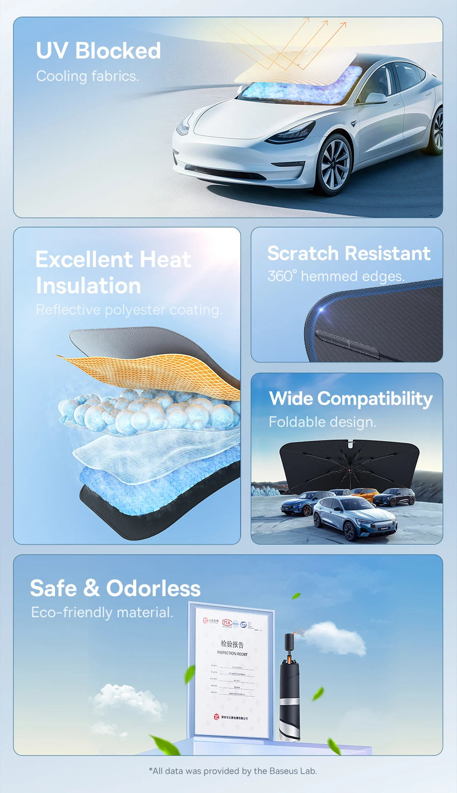 A white car windshield sun shade umbrella with a foldable design shown next to a car.