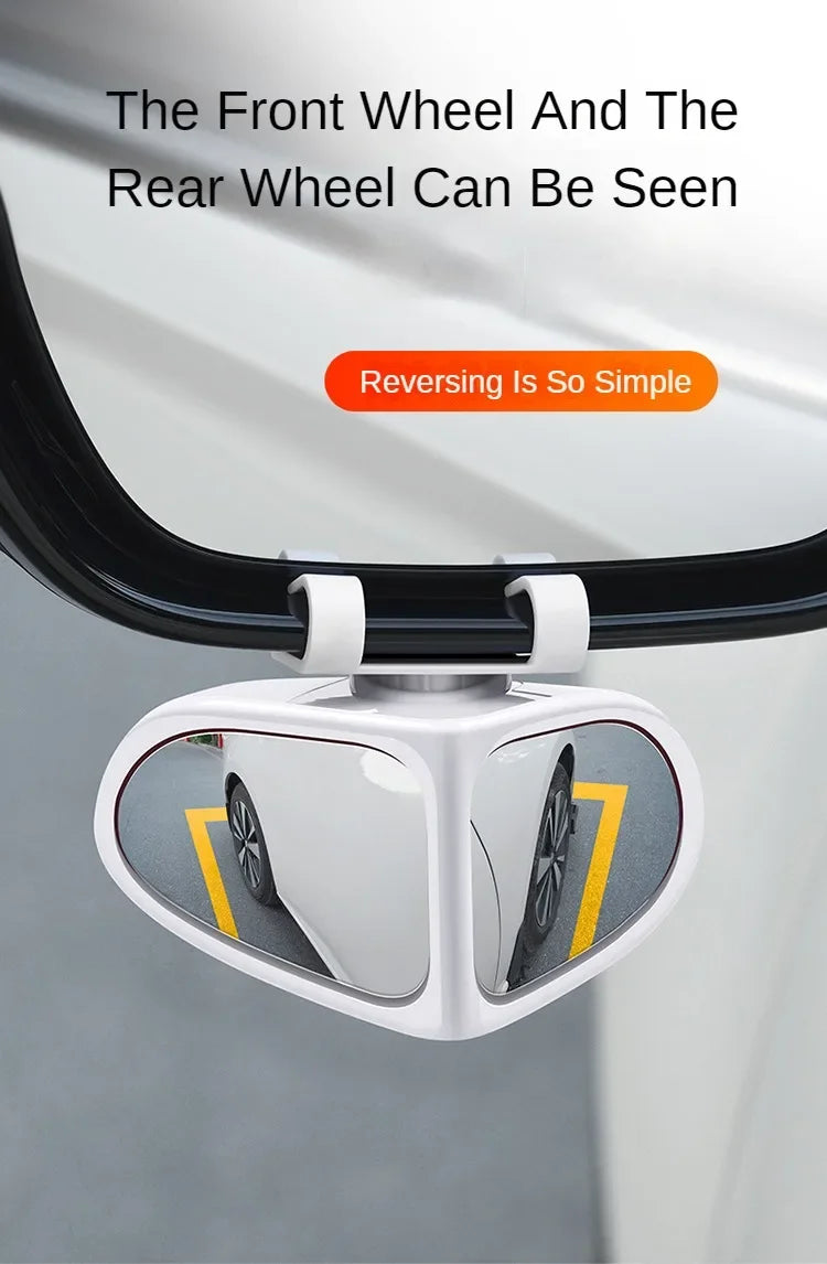 A white blind spot mirror showing the front and rear wheels of a vehicle for reversing.