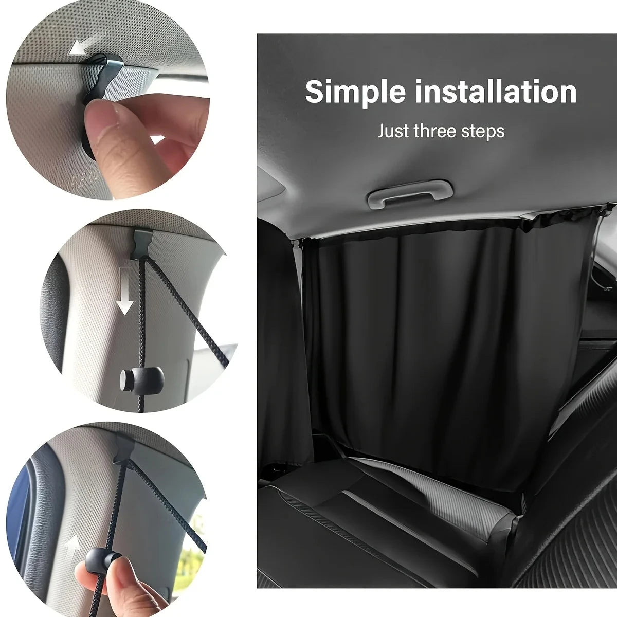 A set of three detachable car privacy curtains being installed in a vehicle window.