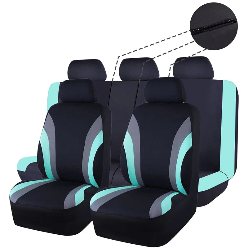 Black car seat covers with light teal accents shown in a row.