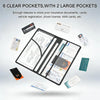 A black premium PU leather vehicle organizer showing six clear pockets and two large pockets for storing documents and cards.