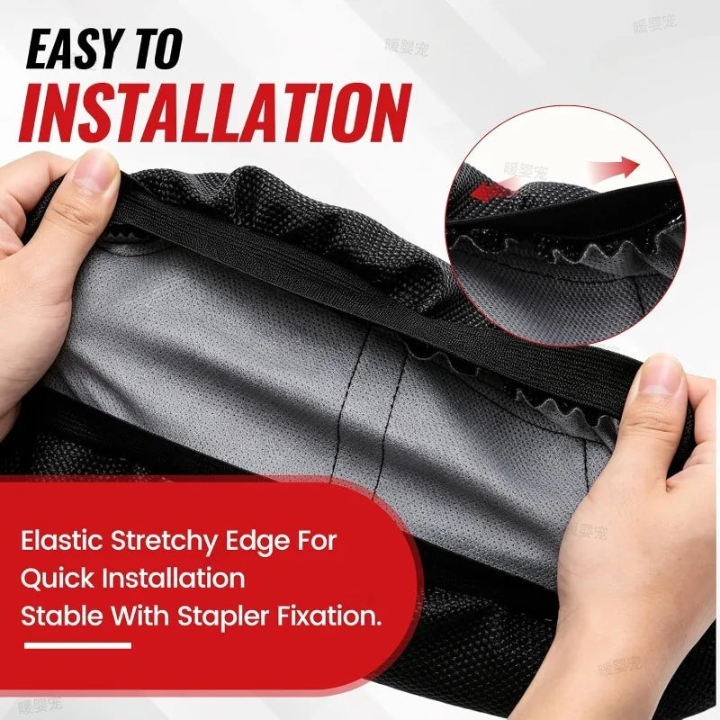 Hand installing an elastic stretchy edge seat cover for quick installation with stapler fixation.