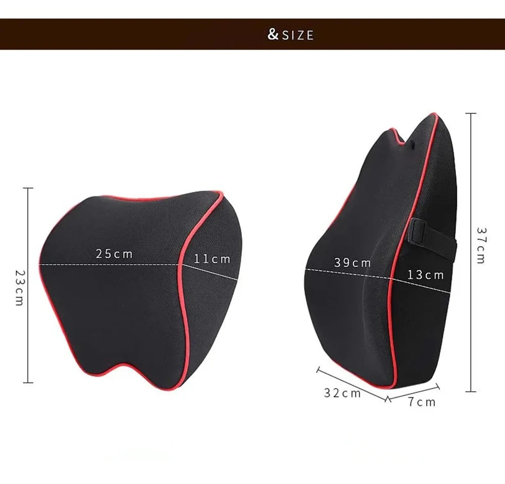 Black memory foam car headrest neck pillow shown from the side and top view with dimensions.