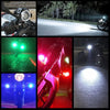 Various images showing universal LED motorcycle headlight spotlights in different angles and contexts.