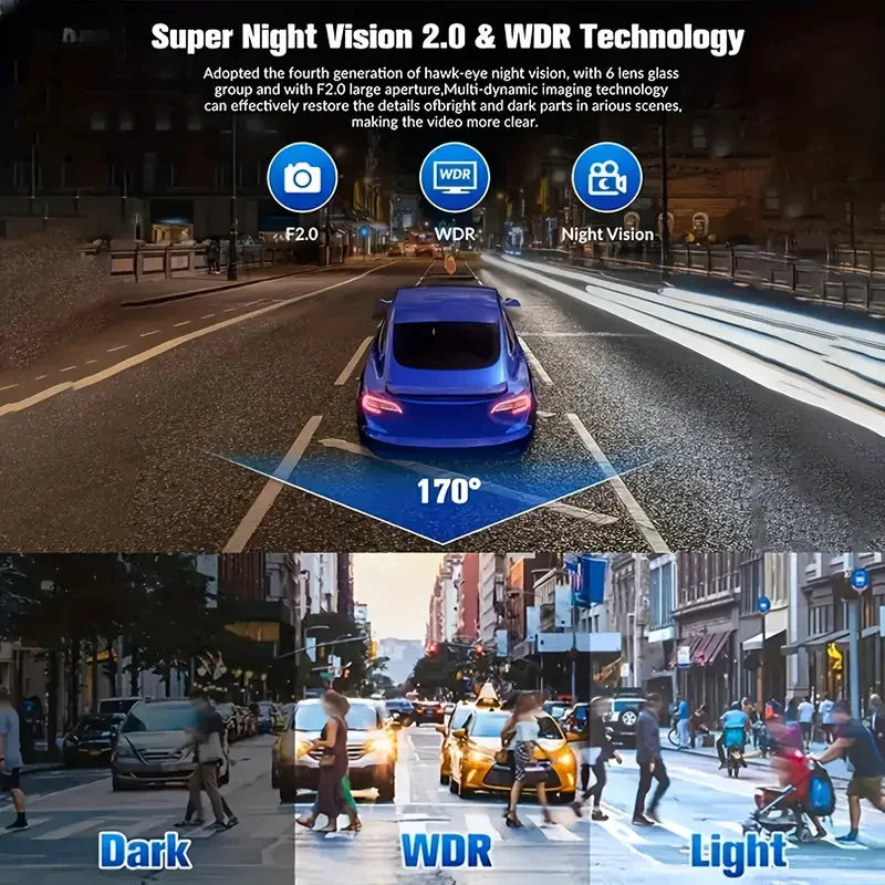 A blue car is shown on a road with a 170 degree angle, demonstrating Super Night Vision 2.0 and WDR technology.