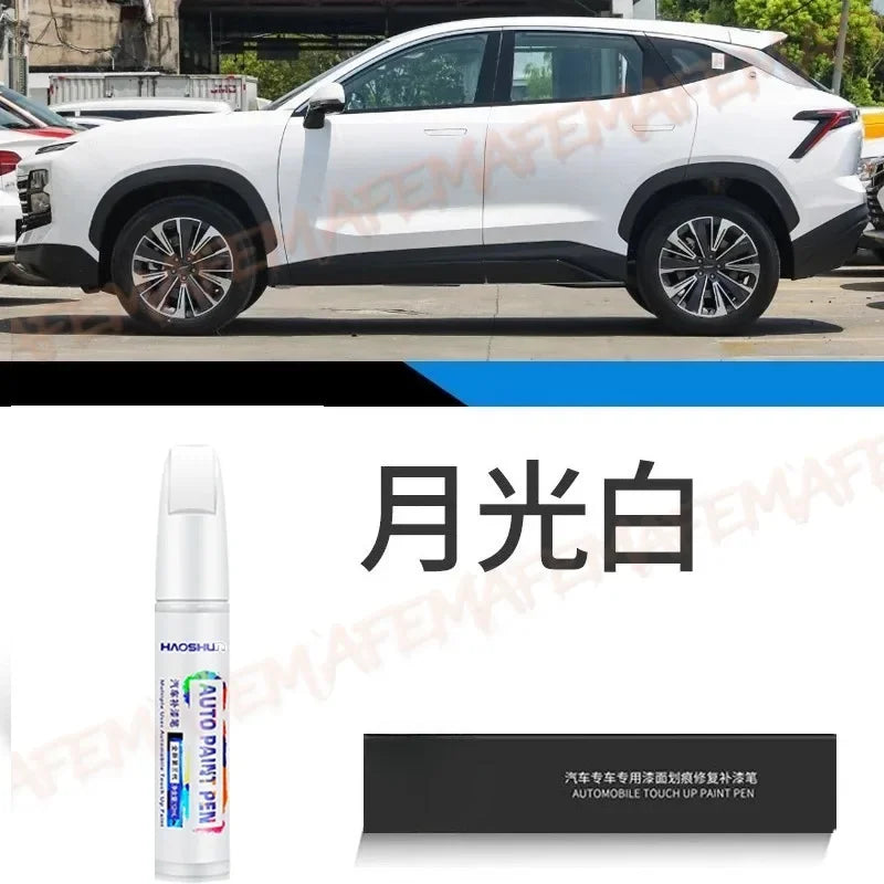 A white car paint touch-up pen kit with a black case and a pen shown next to a white SUV.