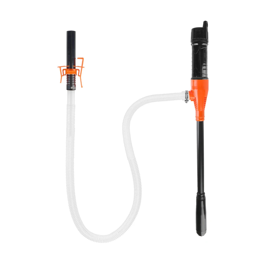 A black portable electric fuel transfer pump with an orange handle and clear tubing.